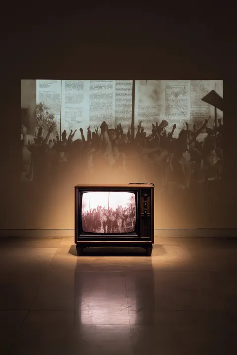 The television screen shows faint static interference mixed with abstract political imagery from 198