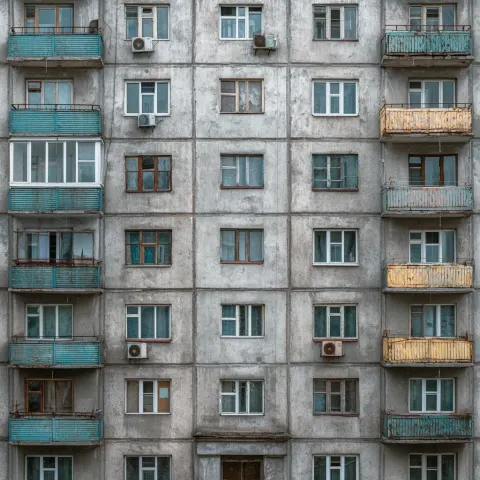 Soviet concrete panel block house facade wall texture with balconies and windows