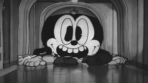 Surreal giant cartoon character in 1920s rubber hose style, massive scale distortion