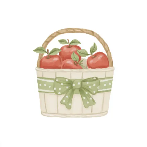 Storybook watercolor illustration, in style of nursery cartoon, red apples in basket