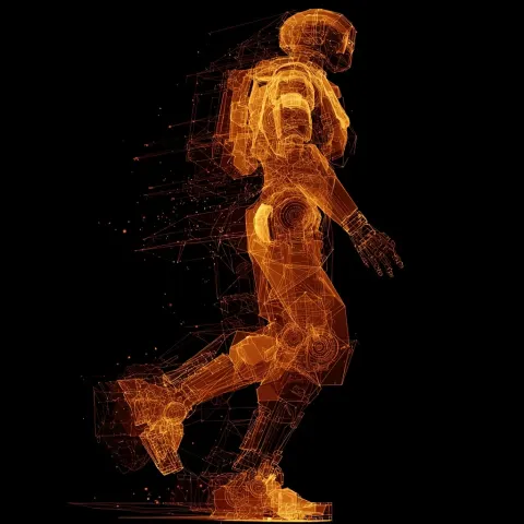 Black background. An AI robot hologram made of orange lines floats in space. It is very detailed.