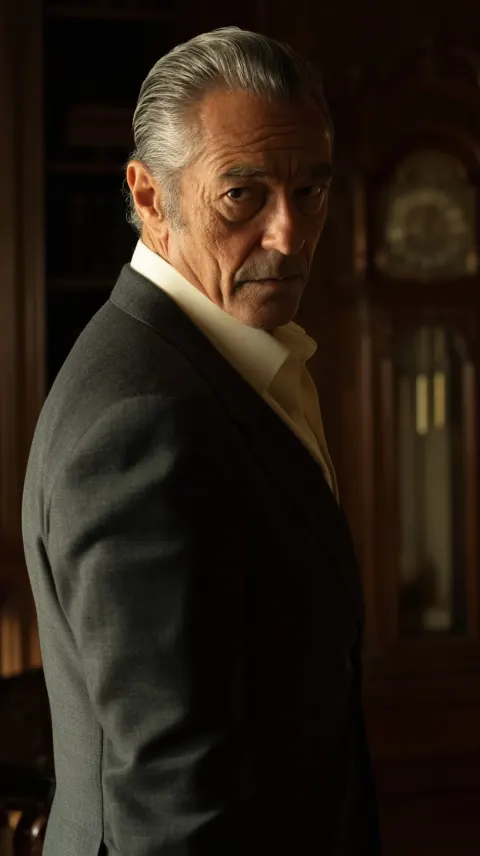 Late-70s Italian/Sicilian patriarch, warm olive skin, deep-set narrow very dark eyes