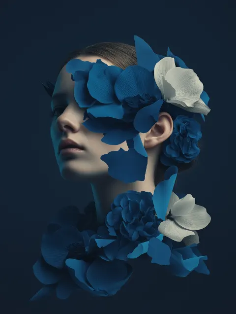 SUBJECT: female face, fragmented collage composition, layered elements ACTION: portrait gaze
