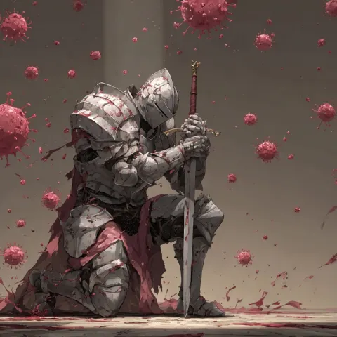 A holy knight clad in full plate armor stands before us. He was strong