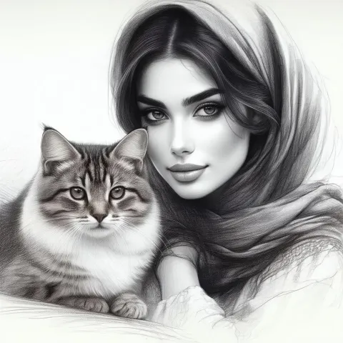 Turkish Woman and Cat in Gentle Graphite