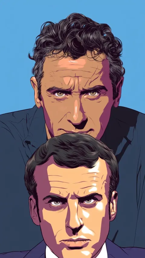Cel shading anime style of Emmanuel macron and Cyril hanouna. Reflection on skin. Brillance on skin.