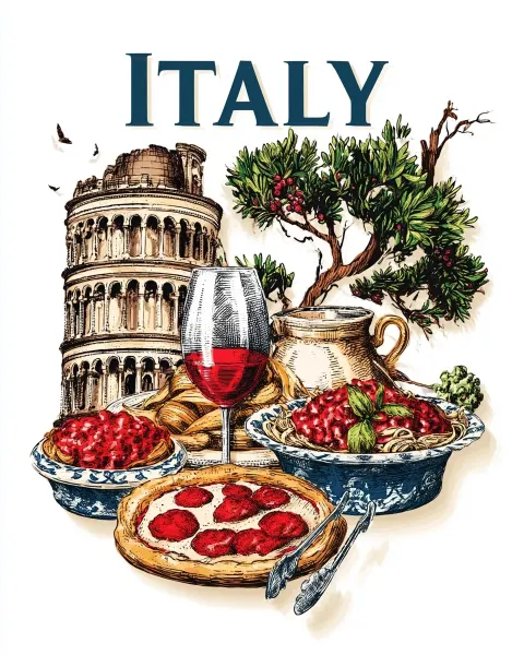 Vintage souvenir poster on pure white background. Large ITALY headline at top center. Under it