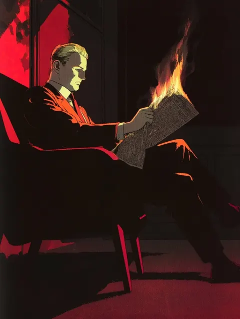 Katsuhiro otomo illustration, a british man with slicked back blonde hair sitting in a chair reading