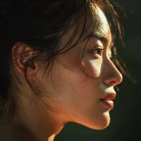 A profile view of an Asian female model, her hair pulled back