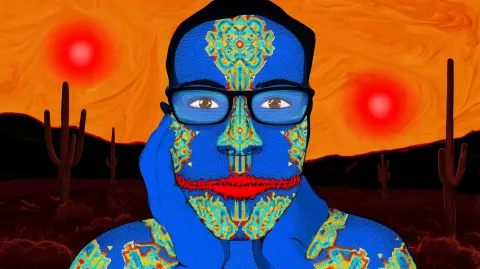 A psychedelic portrait of a symmetrical blue face with stitched red lips and glasses