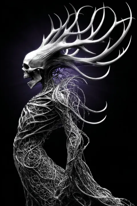 A purple grim reaper with antler growing out of the ground twisted in vines and roots