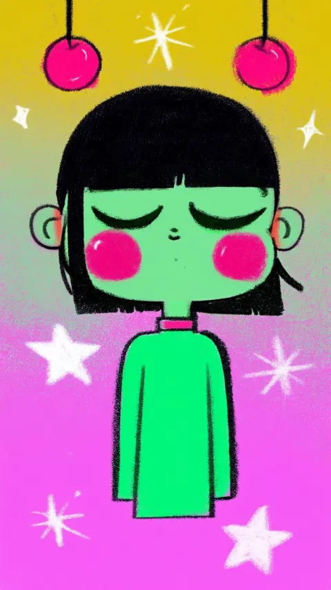A quirky and whimsical illustration in the style of pop surrealism and naive art. A cute girl with c