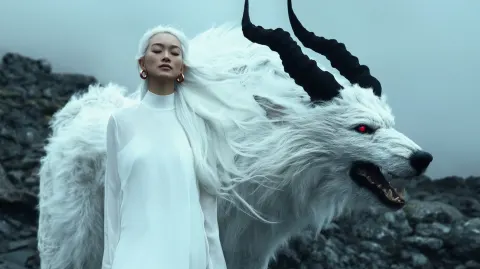 A realistic cinematic portrait of an Asian woman with long white hair
