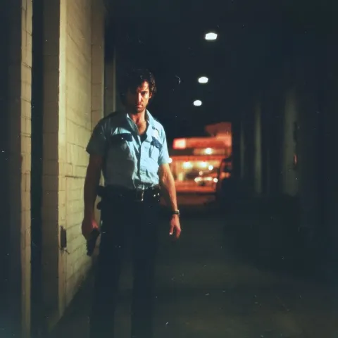 Cop in dark allway with gun 1980s gritty action movie film 35mm technicolor