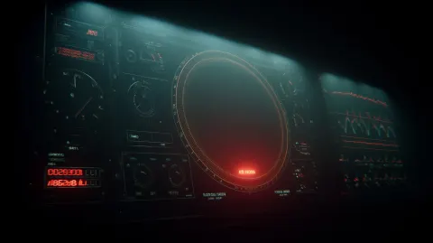 Extreme close-up of a realistic aerospace radar monitor in a darkened control room