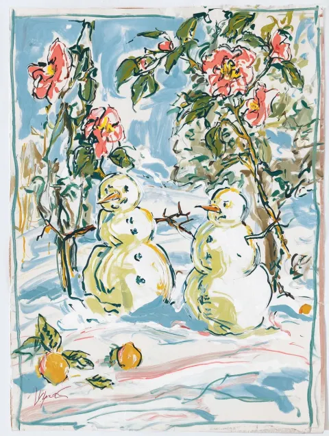 A refined oil painting of two snowmen standing under a camellia tree in winter