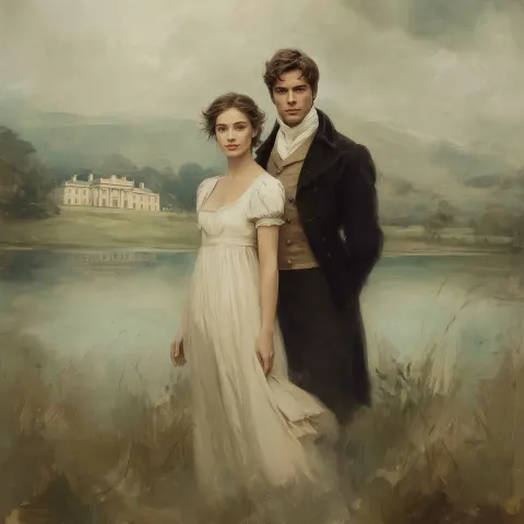 A romantic illustration inspired by Regency-era England featuring a refined couple reminiscent of El