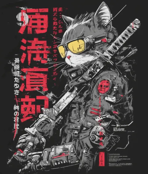 Japanese futuristic cyberpunk illustration of a big fatty samurai cat wearing cool sunglasses and mo