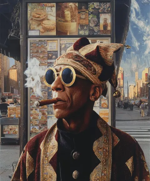 Mad jester, durag, hip hop cloths, raybans, cigar, sci fi city street corner, food kiosk