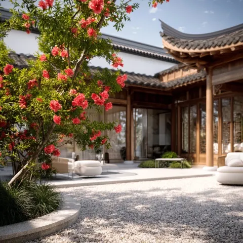 A modern Chinese courtyard scene, with a pomegranate tree on the left and vibrant coral red pomegran