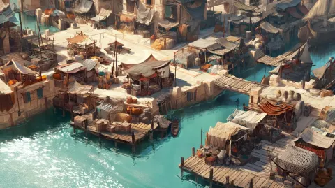 A simplified concept art illustration of a large ocean market in Solara