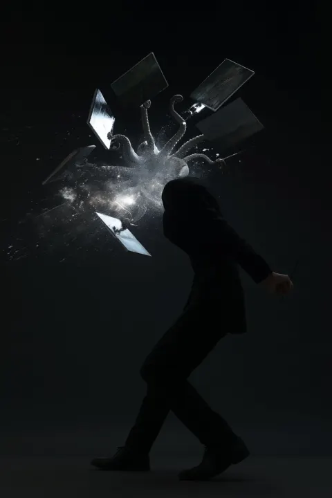 A mysterious, surreal cinematic scene depicting the archetype of the artist