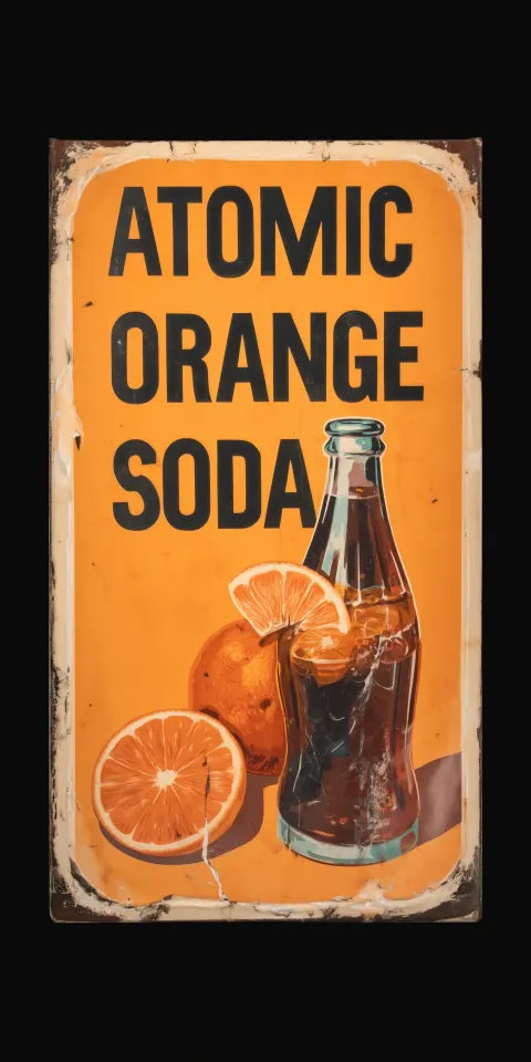 Straight-on view of a Retro-themed antique sign advertising "Atomic Orange Soda"