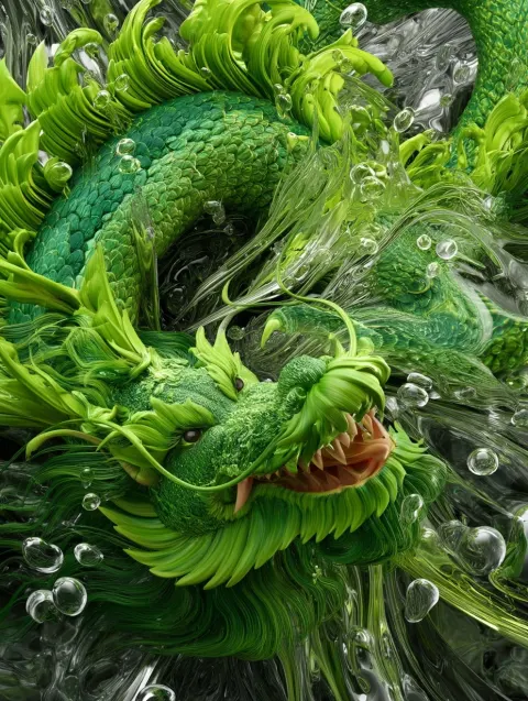 The ultra-high-resolution lens depicts a solemn and complex green Chinese dragon with bright colors