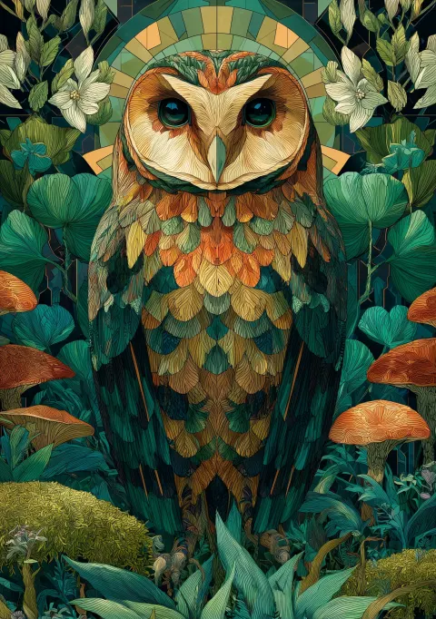 A striking close-up anime-inspired image of an owl looking directly at the camera