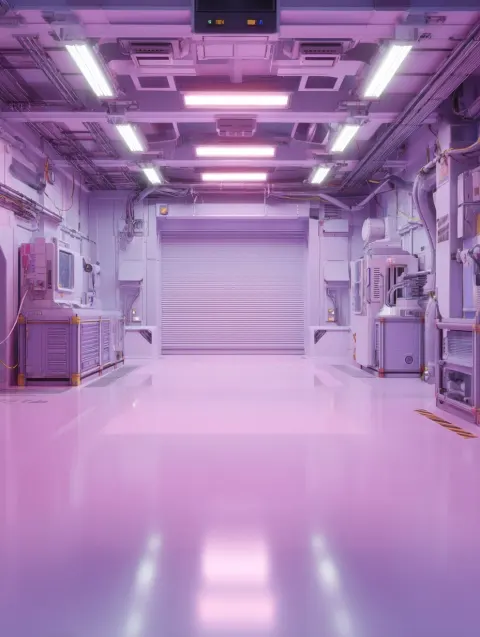 A studio featuring a solid-colour background and a cyberpunk macaron colour scheme; a mechanical sci