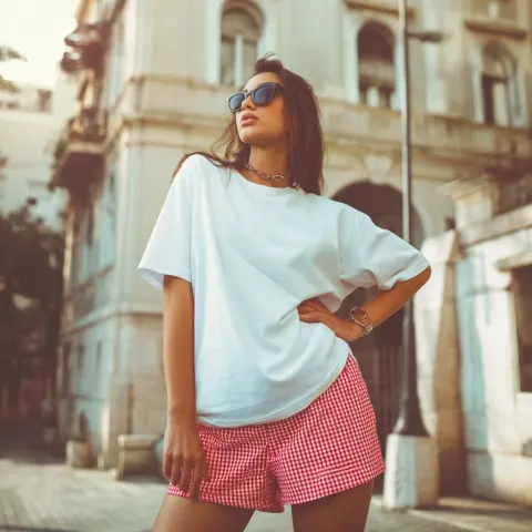 A stylish young woman standing outdoors in front of an elegant European building
