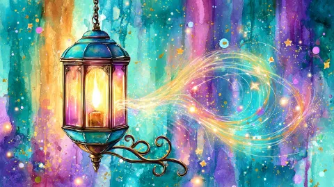 A super whimsical cartoon-style digital illustration of an adorable vintage hanging lantern with glo