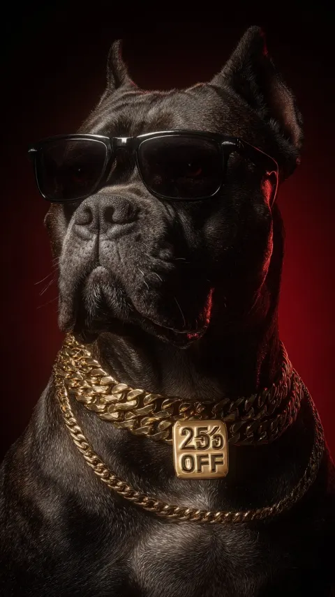 A super realistic picture portrait of a xl bully dog with dark gangster sunglasses and a huge gold n