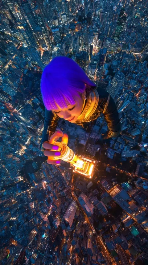 A surreal vertical top-down view (straight-down, 90-degree bird’s-eye view) of a giant woman with vi