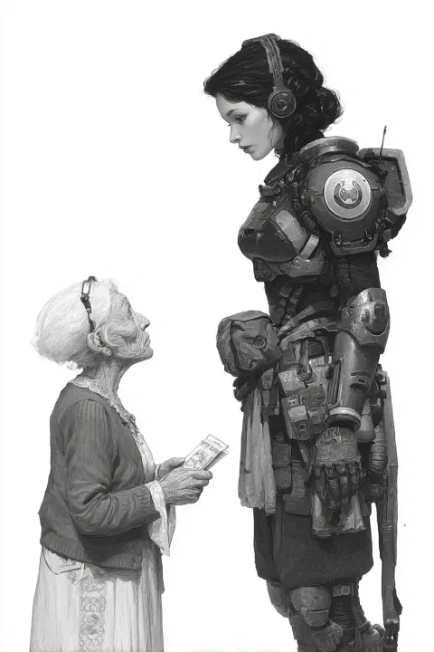 A tall dark-haired woman in light space armor stares down at a little old silver-haired lady librari