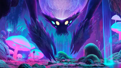 A terrifying alien boss monster hanging upside down from the ceiling of a bioluminescent cavern. It