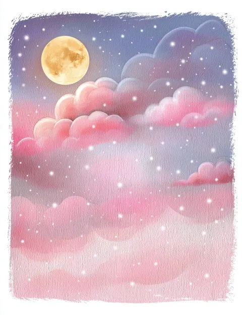 A tranquil night sky scene with soft drifting clouds illuminated by a warm golden moon