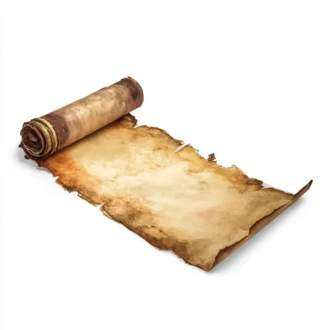 A vintage parchment paper scroll turned slightly to the right on a white background