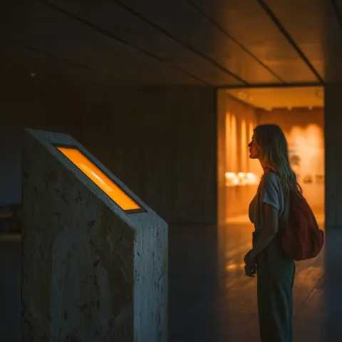 A visitor standing at a welcome kiosk in a dimly lit contemporary museum hall