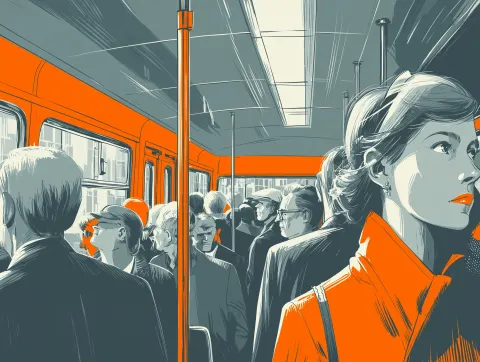 Inside a crowded bus with people standing up over full