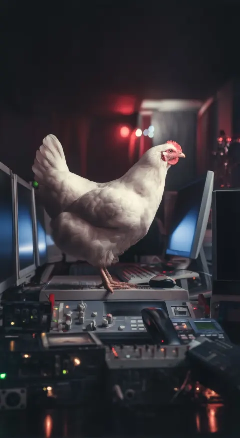 A white chicken sitting on top of an electronic control panel