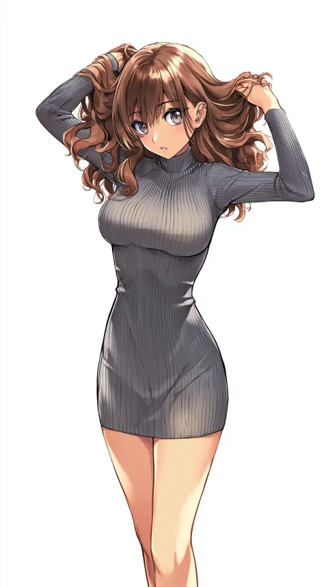 A woman wearing gray skinny body dress with turtle neck with brown wavy hair