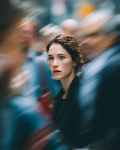 A woman with brown hair is seen in the blurry background of people moving quickly. she has dark blue