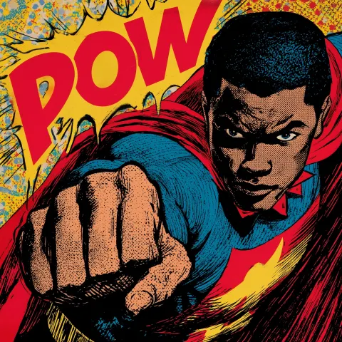 A black superhero punchnig with POW! in the background, retro comic book style