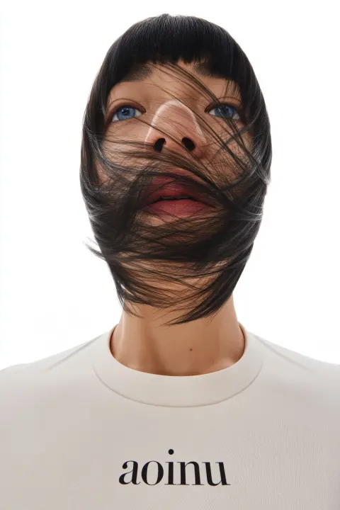 A bird’s-eye view of a cute, blue-eyed Asian woman with black hair staring directly at the camera ag