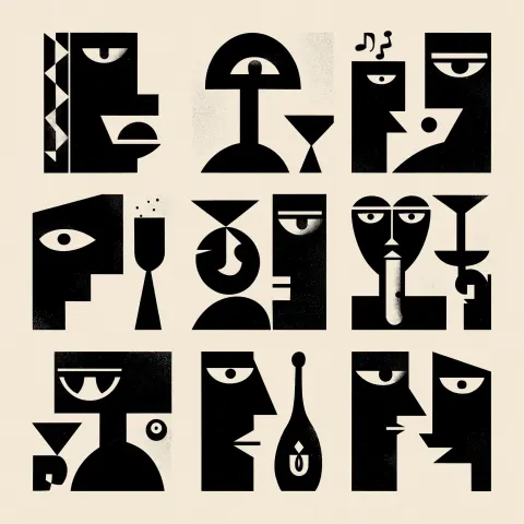 Abstract geometric character and icon set, bold black shapes on warm off-white background