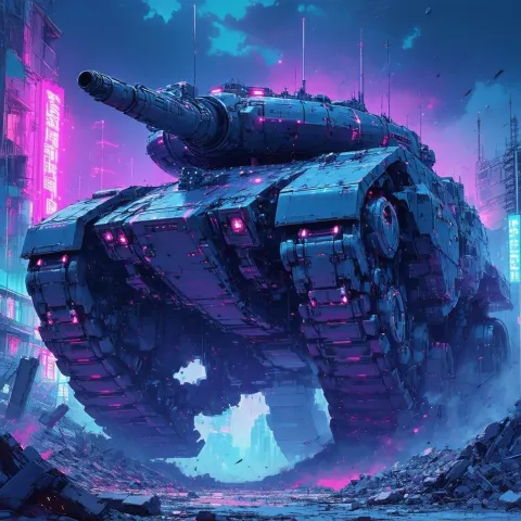 Giant Mecha Tank in Neon City Ruins