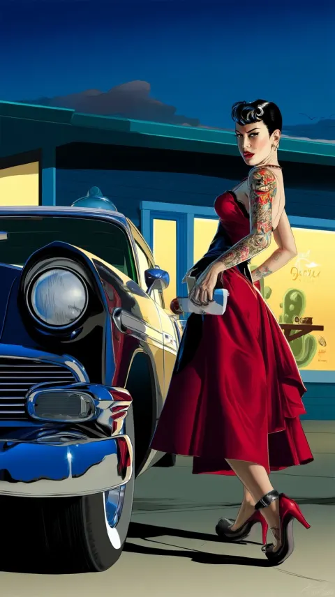 CD illustration image of Rockabilly scene with badass 55/60s car, volumetric lighting, full color