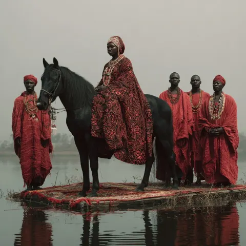 An African woman wearing a black traditional African funeral cloth sitting on a black horse. Behind