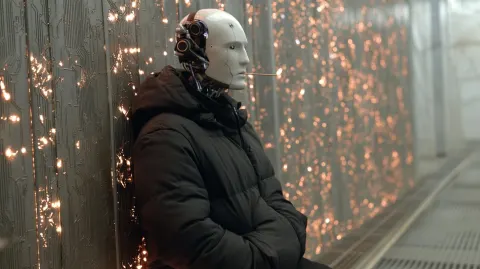 An android trapper is leaning against a metallic wall covered in glowng circuits
